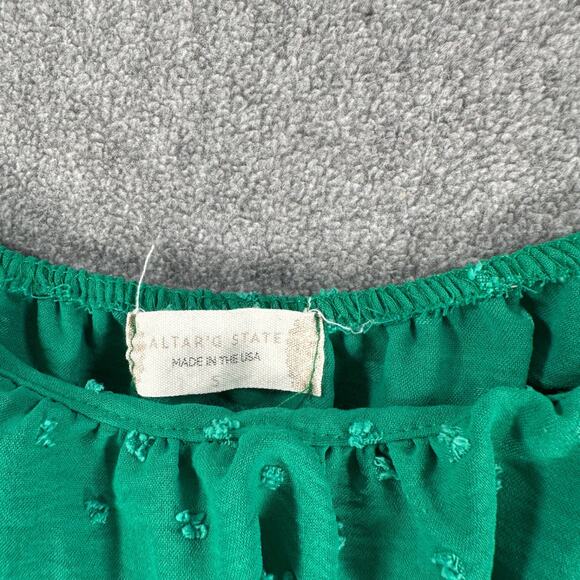 Altar'd State Green Swiss Dot Mini Dress Size Small Tie Back Puff Sleeve Tiered - Picture 3 of 7